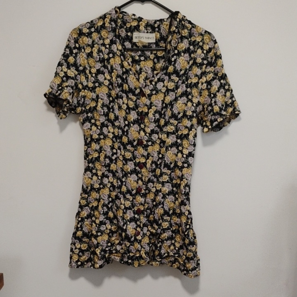Betsy's Things | Vintage Black, Cream + Purple Floral Mini Dress | Women's S